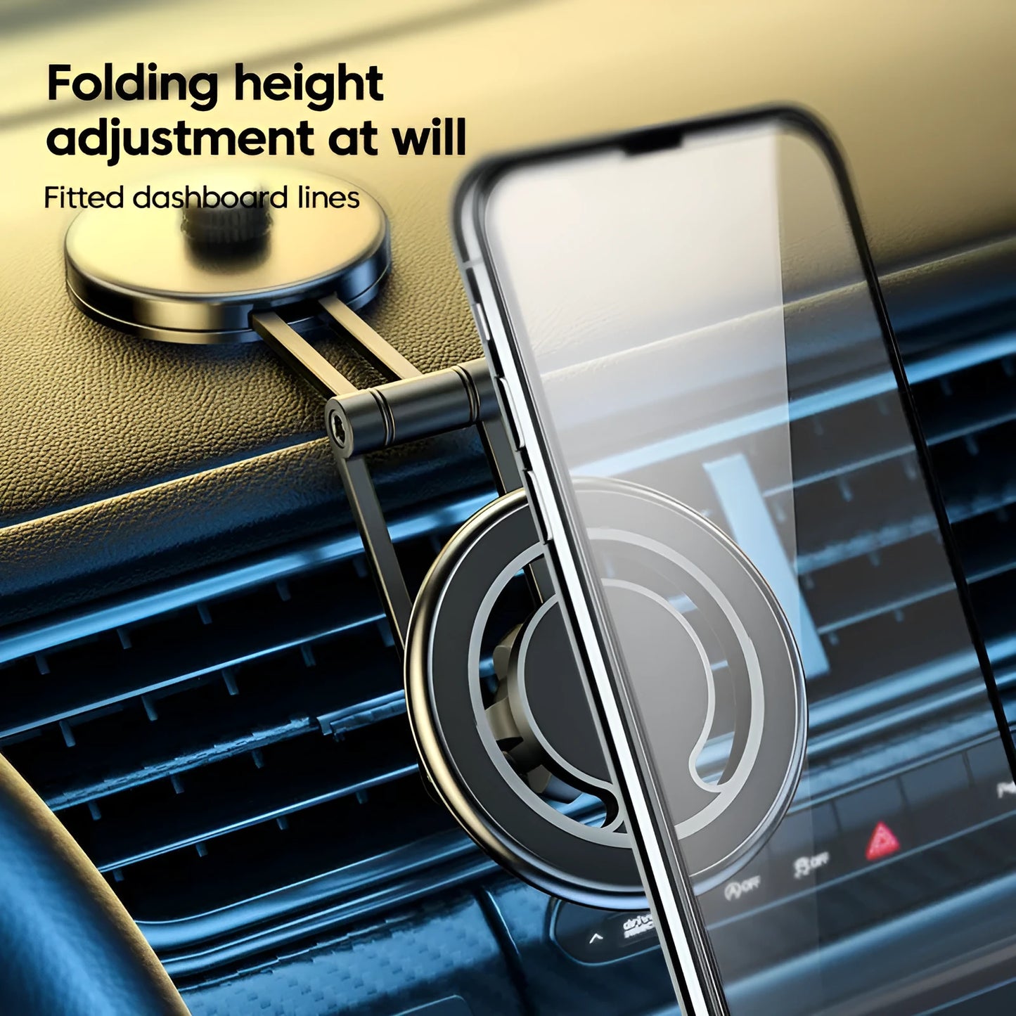 Black telescopic magnetic car phone holder extended on a car dashboard, holding a mobile phone.