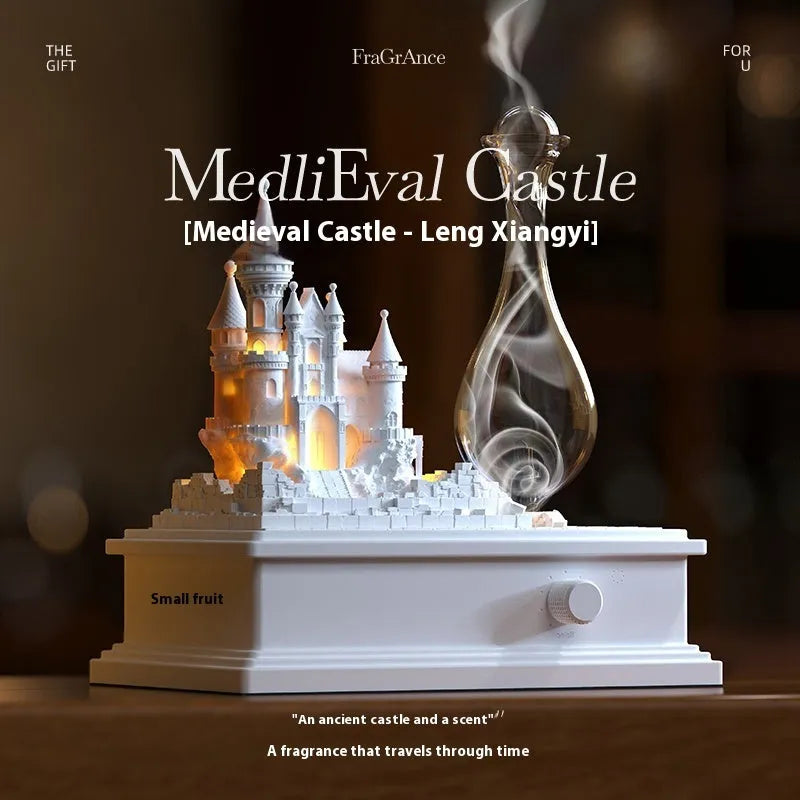 White medieval castle aromatherapy machine measuring 188x124x210mm with ambient lighting and waterless fragrance technology