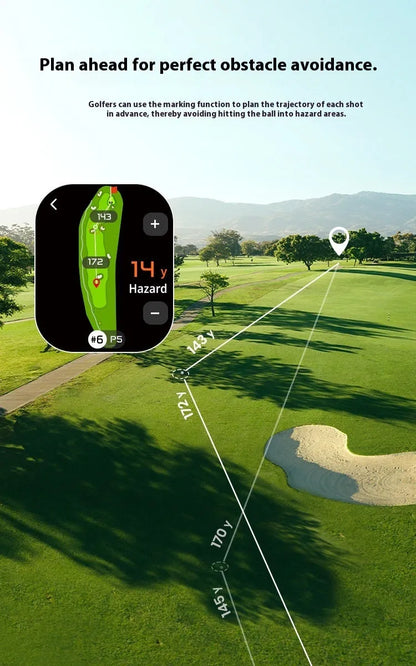 Black GenePro G1 GPS golf rangefinder showing its AMOLED touchscreen, held in hand.