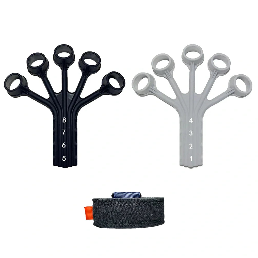 Black silicone finger rehabilitation trainer with adjustable resistance belt for hand exercises