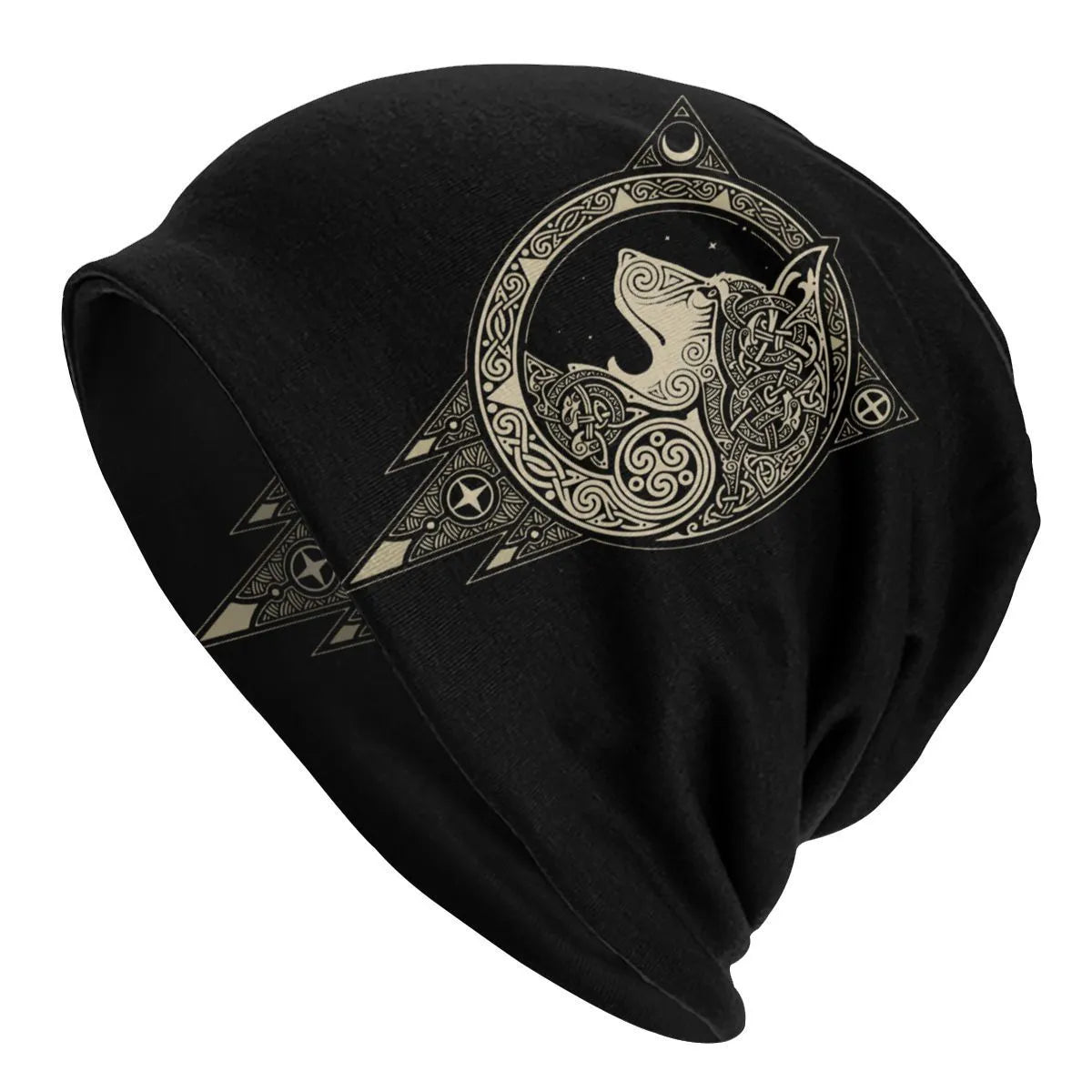 A black cotton hat with a white Viking wolf graphic and an elasticated sleeve cap construction.