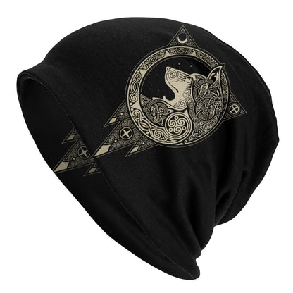 A black cotton hat with a white Viking wolf graphic and an elasticated sleeve cap construction.