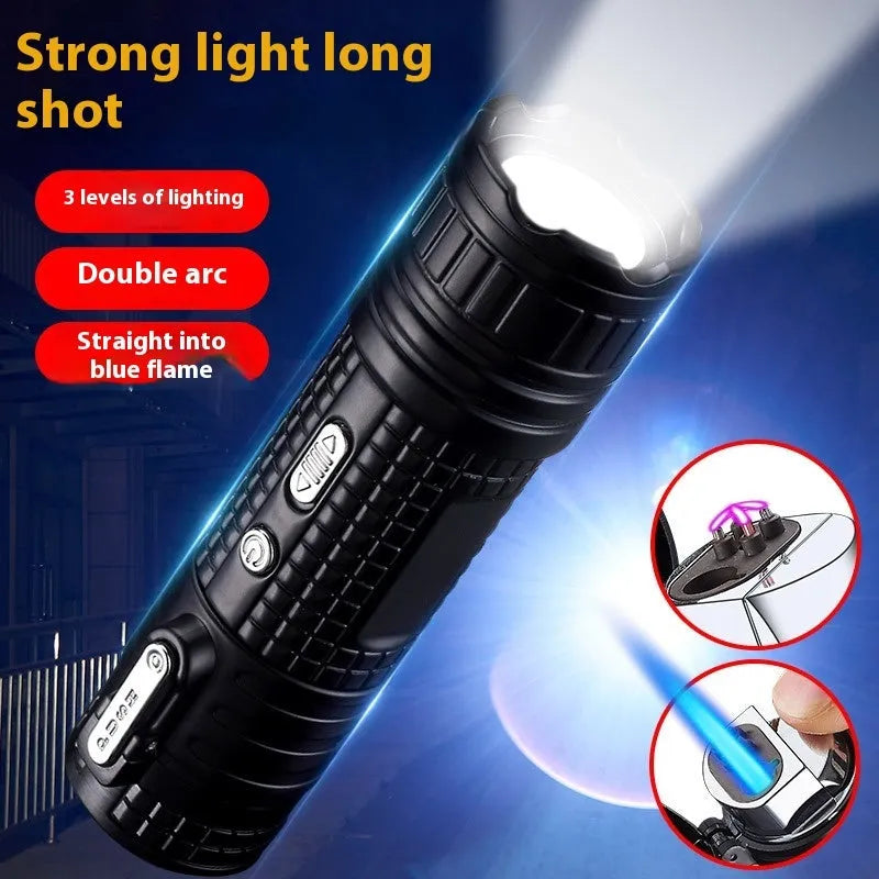 TH727 metal waterproof flashlight lighter in camouflage colour showing plasma arc and torch beam