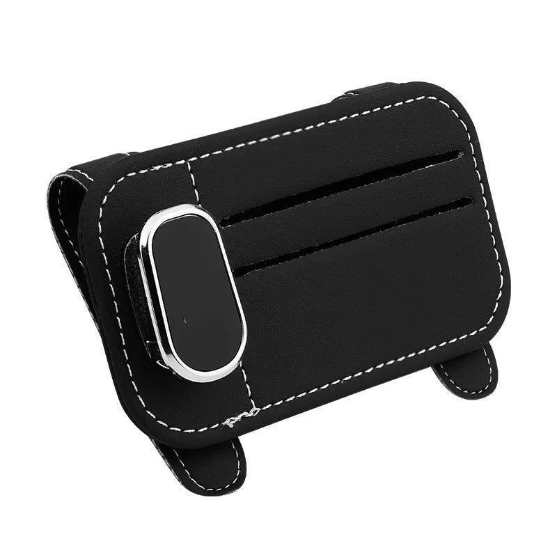 Automotive sun visor multifunctional card holder with glasses clip snap-on installation, first layer cowhide construction in beige, black, caramel mocha, grey or wine red colour options, designed for special car model compatibility