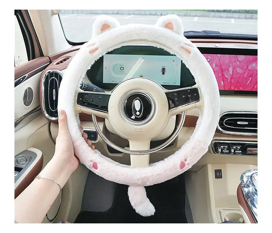 Plush steering wheel cover with rabbit fur embroidery showing cartoon animal design on 38cm diameter