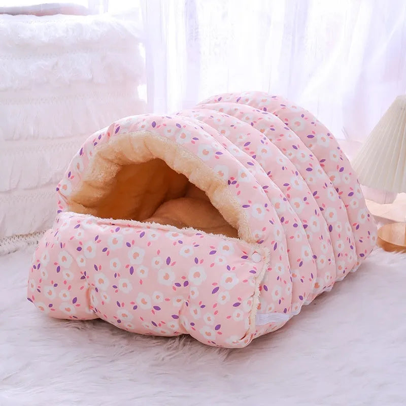 Closed winter cat nest with floral pattern, showing removable design and soft cloth fabric.