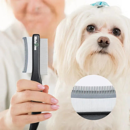 Black double-sided pet hair comb with wood handle and stainless steel teeth for cat and dog grooming