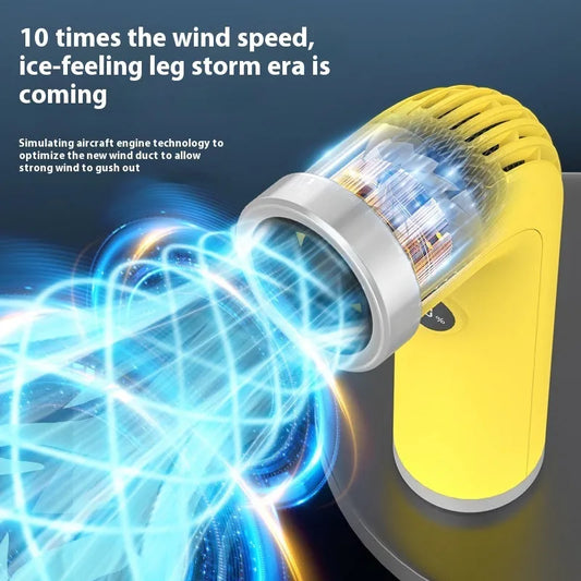 Creative Fashion bladeless high-speed turbine little fan in apricot colour on desk, showing compact design with lithium battery power