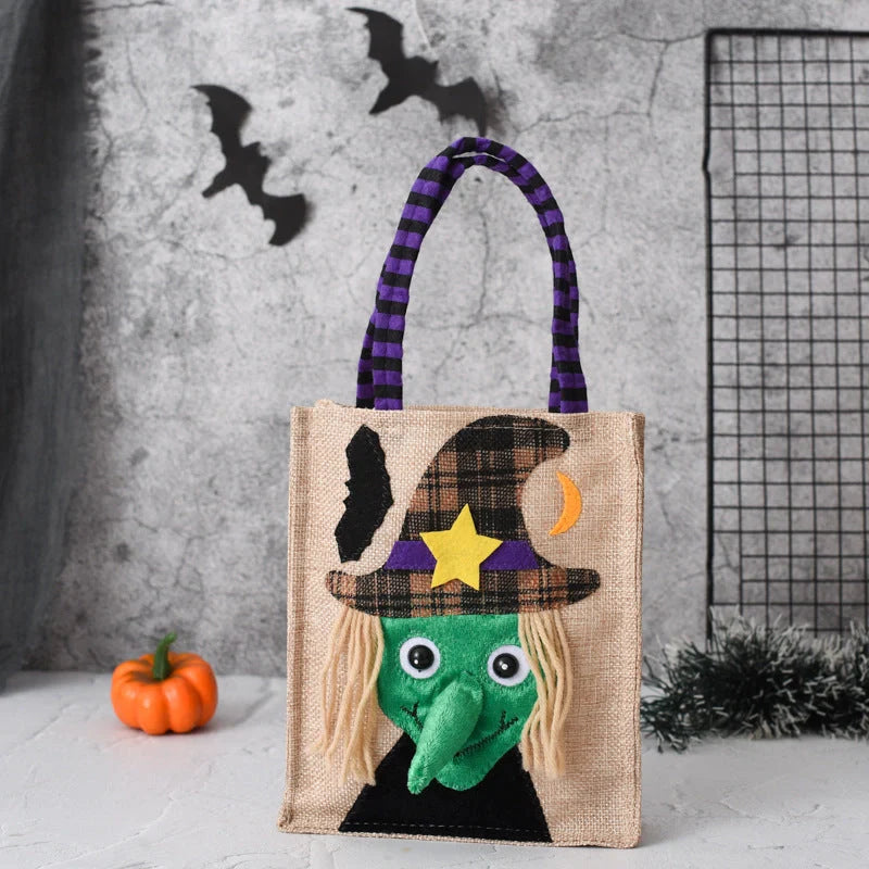 Funny Halloween Candy Tote Bag for Kids featuring witch, skull, and pumpkin designs