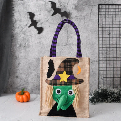 Funny Halloween Candy Tote Bag for Kids featuring witch, skull, and pumpkin designs