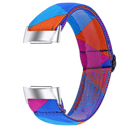 Printed elastic watch strap for Fitbit Charge 6 with adjustable sizing and multiple colour options