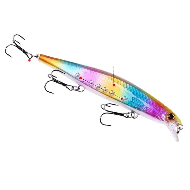 11cm submerged minnow fishing lure with slow-sink tossing action, shown in one of eight available colours.