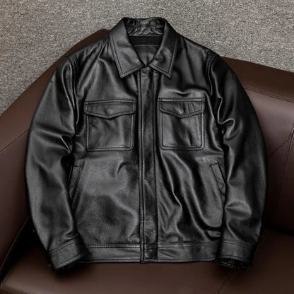 Man's black lapel PU leather jacket with side seam pockets, shown on a hanger.