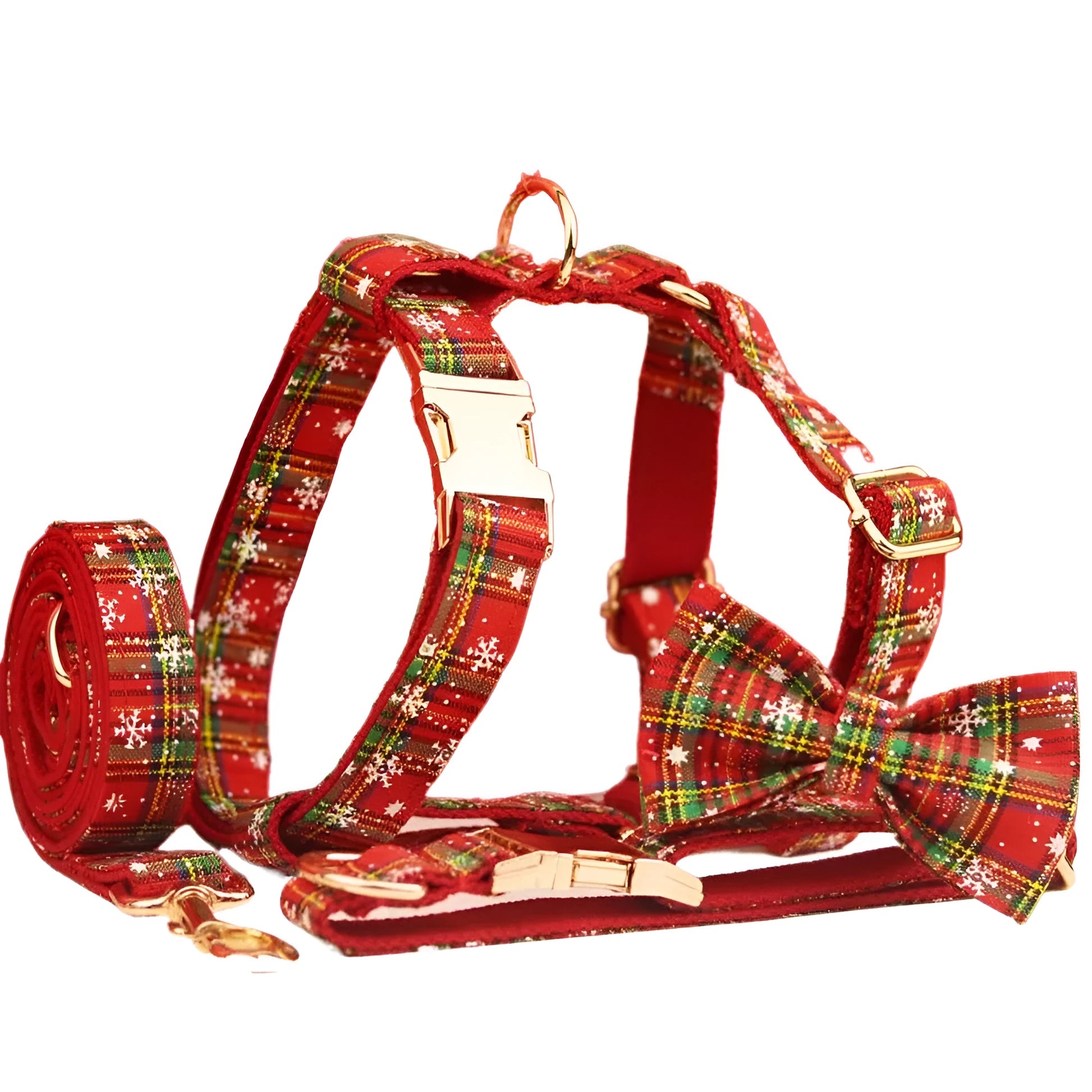 Red snowflake plaid Christmas dog collar and leash set with matching floral vest and bow accessory