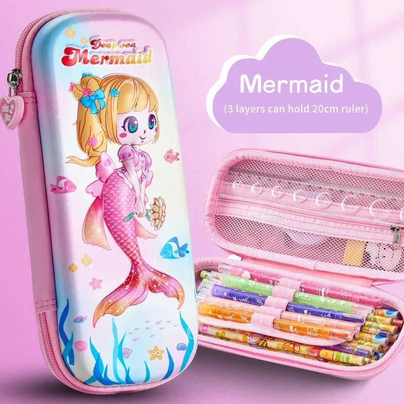 Leather 3D pencil case showing design themes: dinosaur, astronaut, mermaid, unicorn, and spaceship.