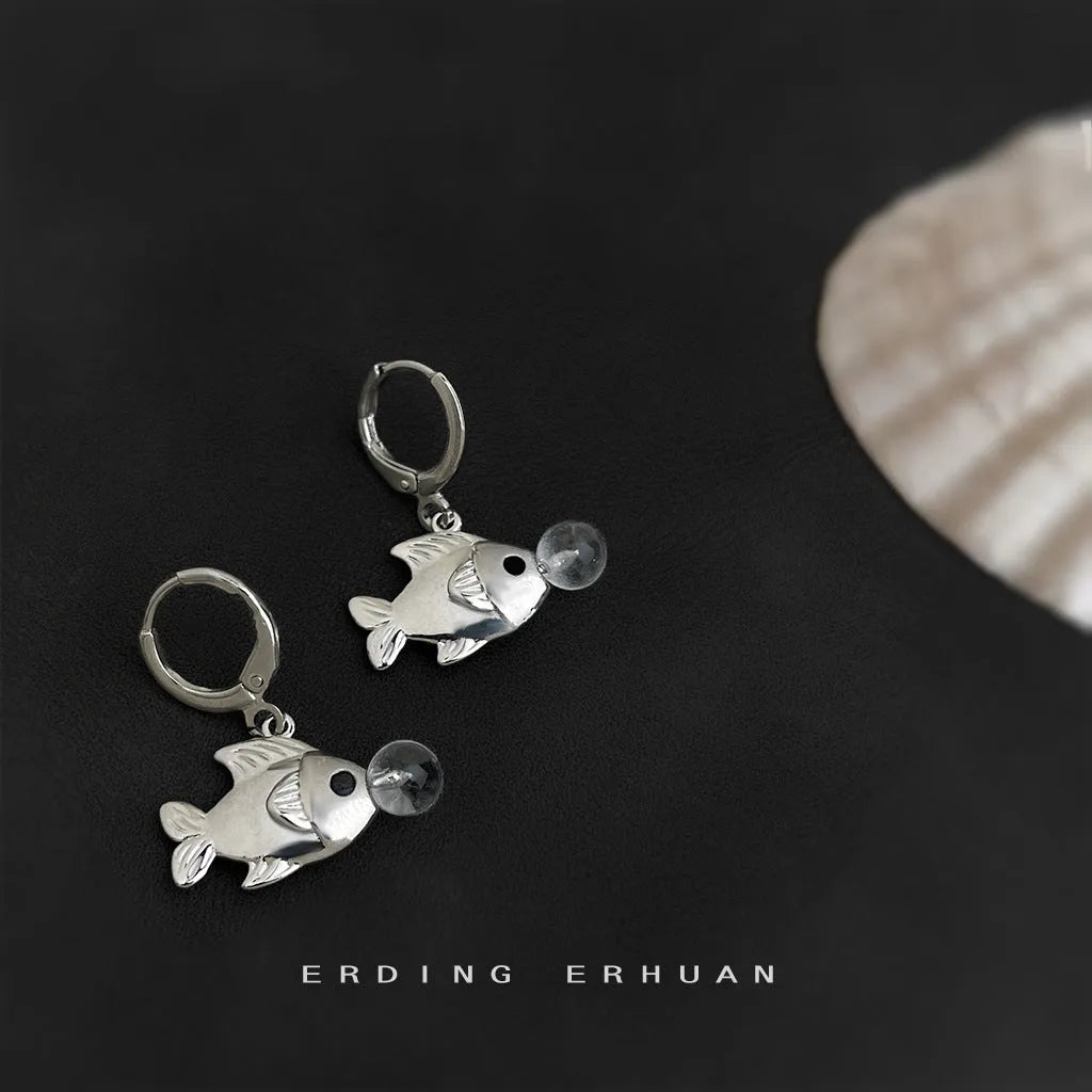 Bubble fish design copper earrings with electroplated finish showing goldfish modelling