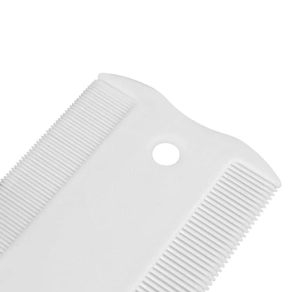 Double-sided plastic flea comb for pets showing dense teeth and 5 cm length for dog and cat grooming