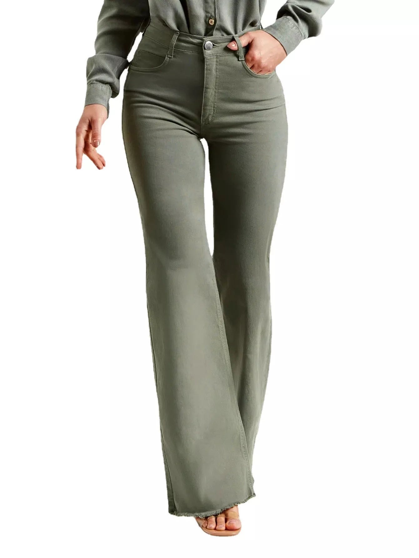 Slim fit stretch denim flared pants in olive green with micro flared design and zipper detail