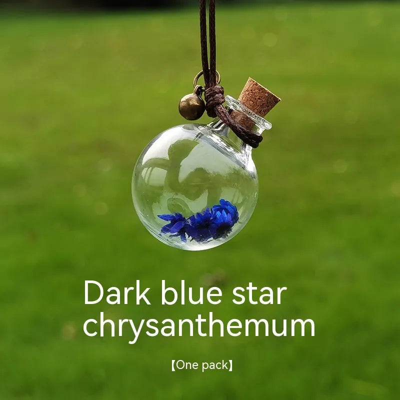 Glass fire extinguisher-shaped car perfume pendant with preserved flowers inside