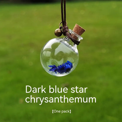 Glass fire extinguisher-shaped car perfume pendant with preserved flowers inside