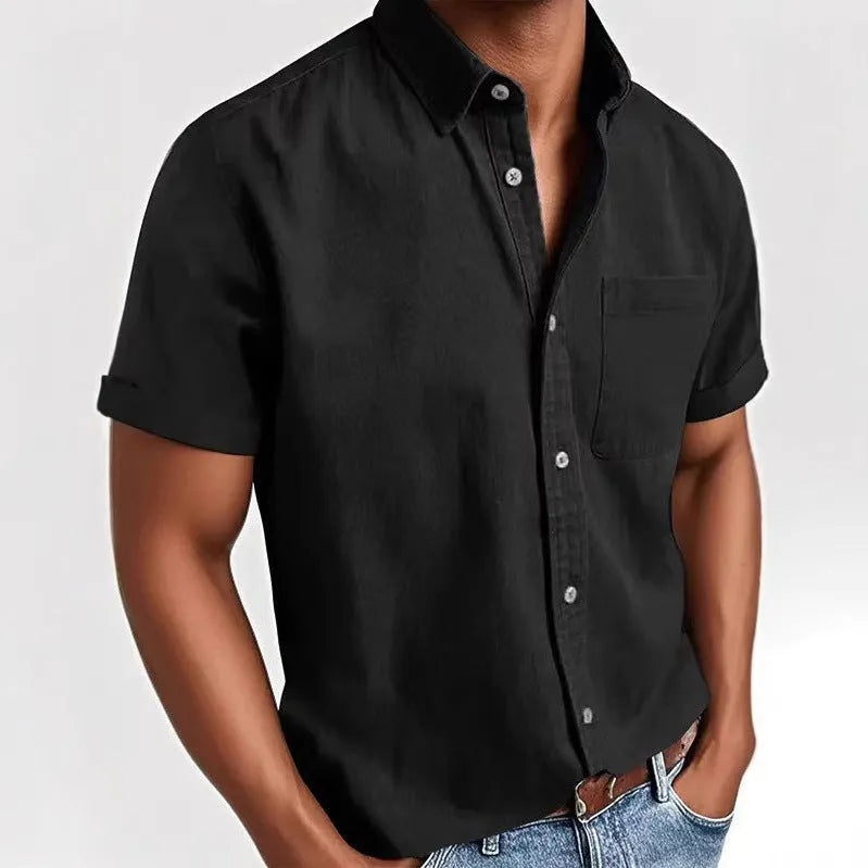 Men's loose fit single-breasted short sleeve shirt in a cotton blend fabric, shown in multiple colour options.