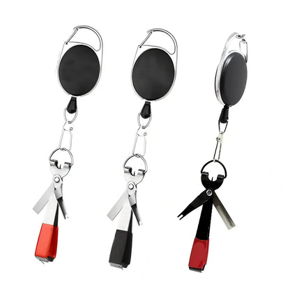 Fishing line scissors with stainless steel blades and plastic handles in silver black colour combination