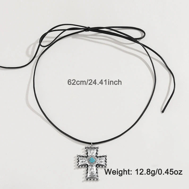 Personalized Turquoise Wax Rope Necklace with embossed Vintage Cross pendant
