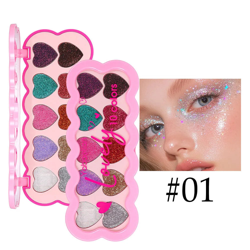 Pearlescent Heart Ten-colour Sequins Eye Shadow palette showing ten shimmery shades