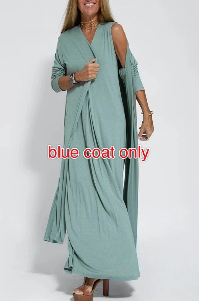 Women's V-neck sleeveless dress and long cardigan jacket set in solid colors