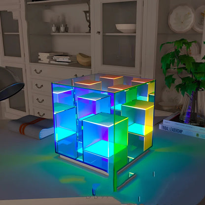 Acrylic cube LED table lamp with modern design and dimensions 24x22x22cm
