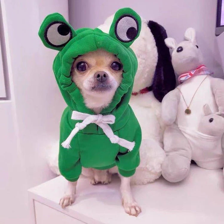 Two-legged hooded fleece dog outfits in various colors for autumn and winter wear