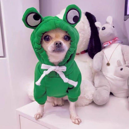 Two-legged hooded fleece dog outfits in various colors for autumn and winter wear