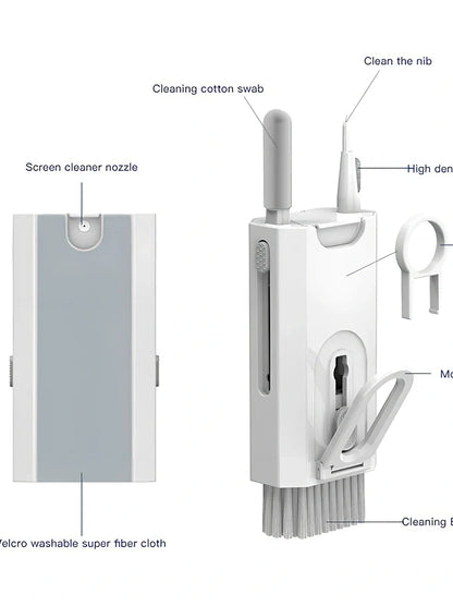White 8-in-1 cleaning kit with ABS plastic case measuring 9cm showing keyboard, phone, lens, and earbud cleaning tools