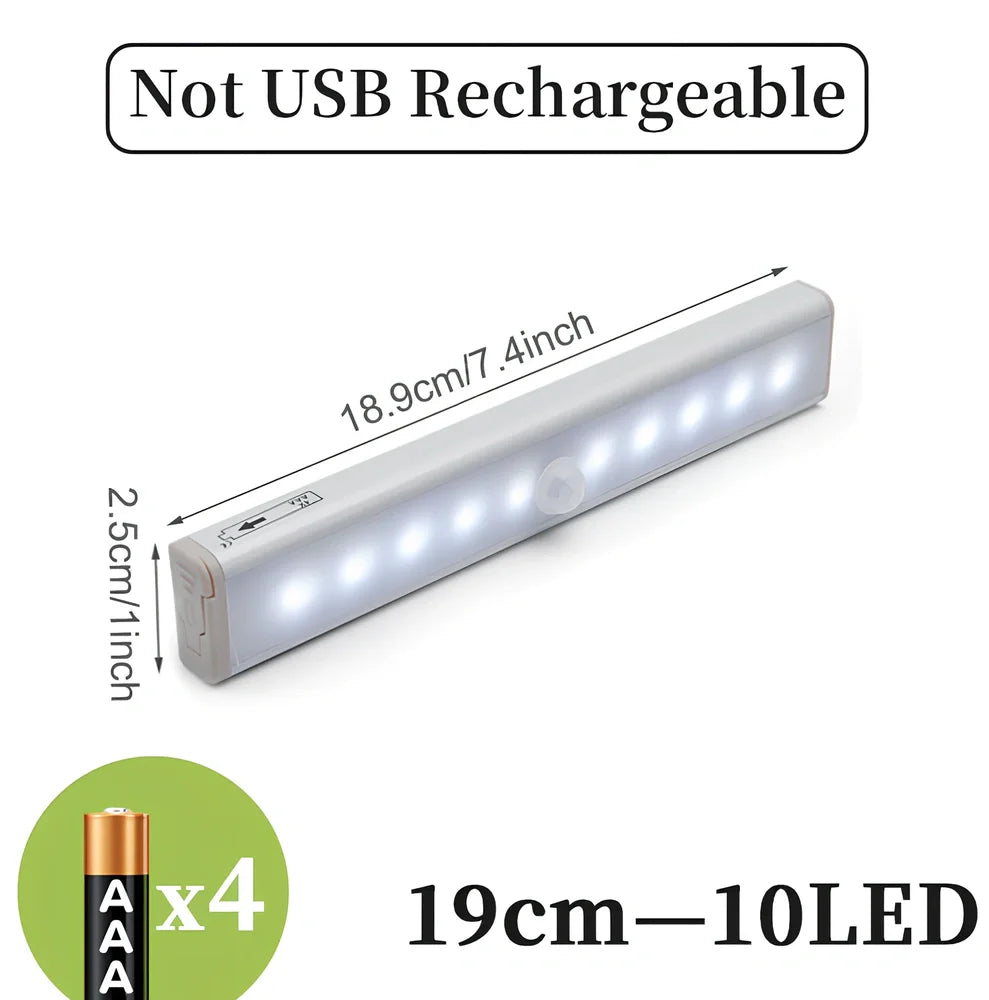 LED sensor light bar showing motion detection range and multiple size options from 9cm to 52cm