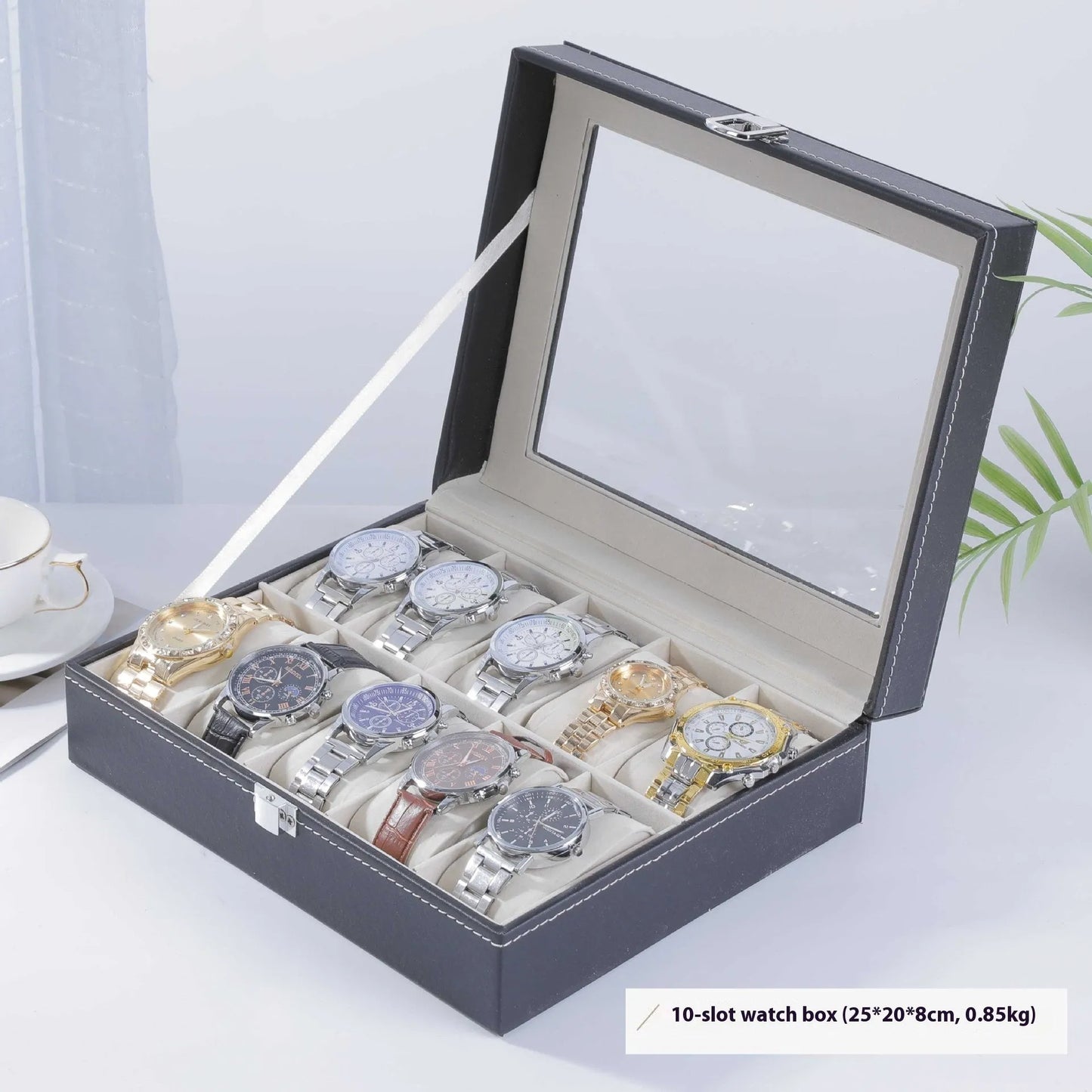 Grey high-grade leather watch storage box with transparent lid showing multiple watch compartments.