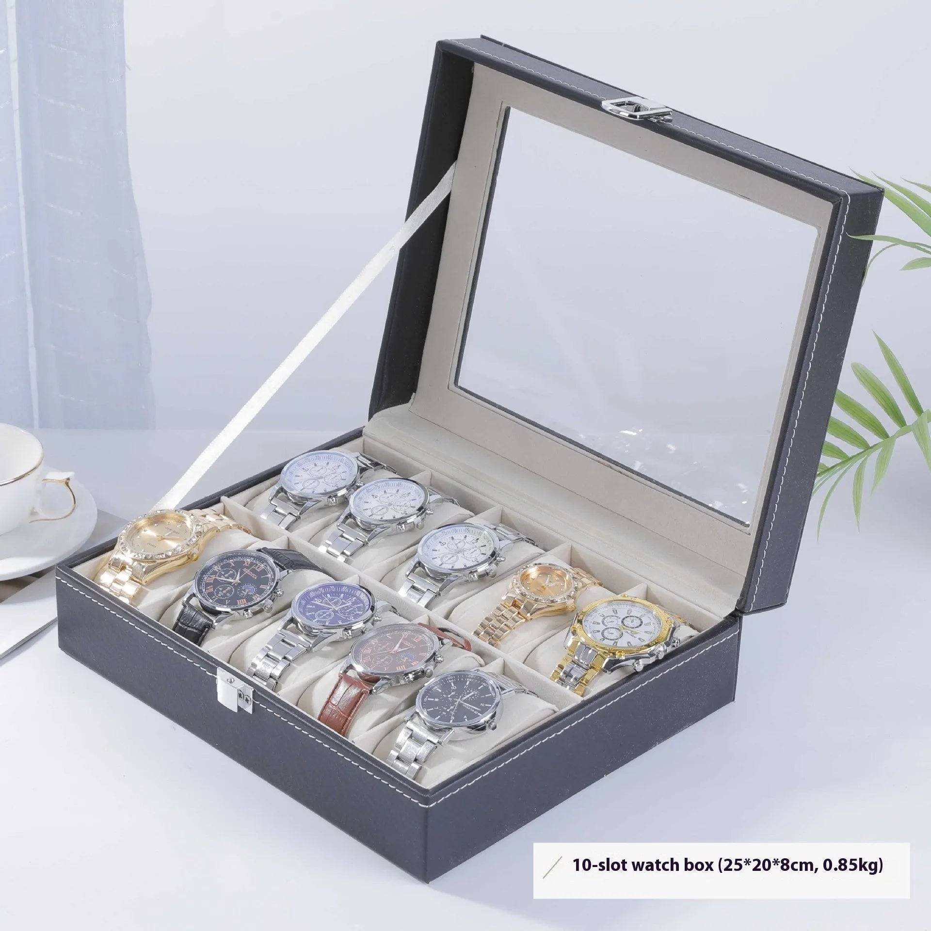 Grey high-grade leather watch storage box with transparent lid showing multiple watch compartments.