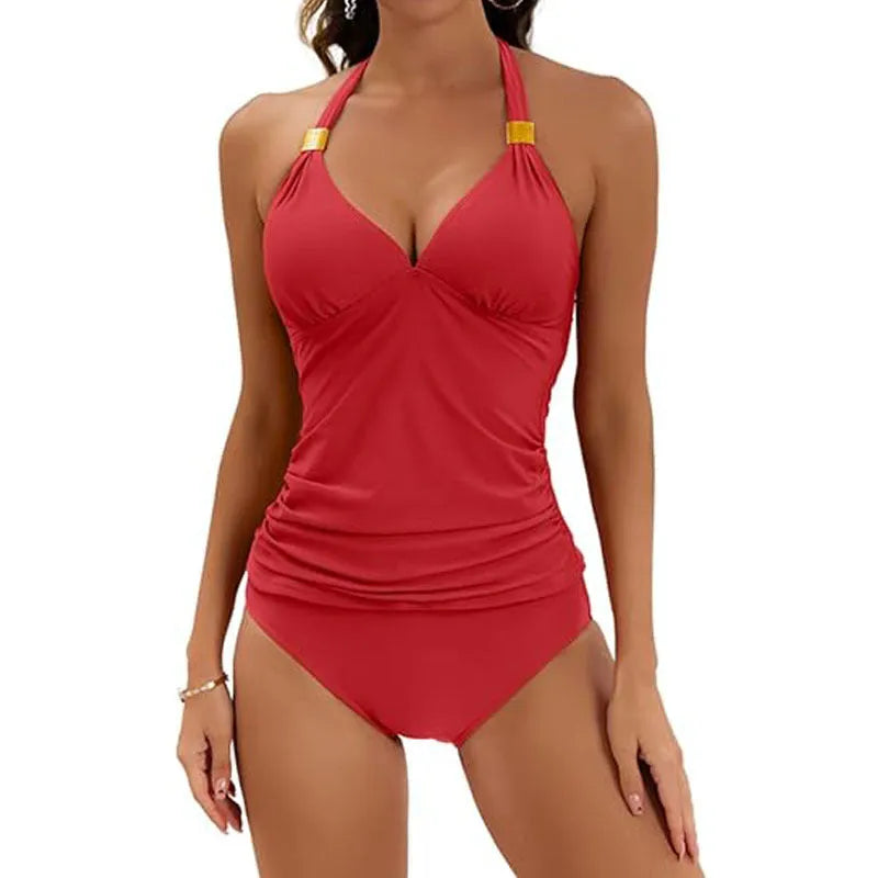 Women's red halter tie two-piece swimsuit with briefs, made from milk silk polyester fabric.