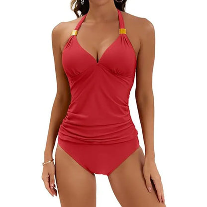 Women's red halter tie two-piece swimsuit with briefs, made from milk silk polyester fabric.