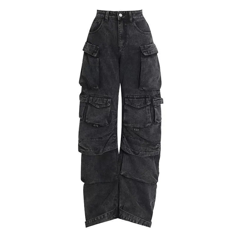 Women's high waist tie-dyed wide leg denim trousers with multiple pockets in street hipster style