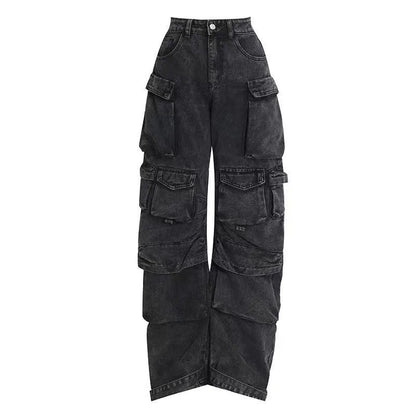 Women's high waist tie-dyed wide leg denim trousers with multiple pockets in street hipster style