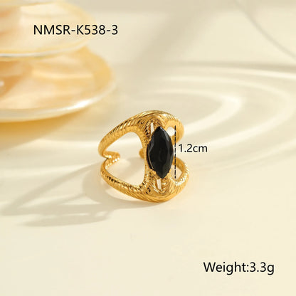 Titanium steel open mouth ring with geometric design and inlaid zircon stones for women