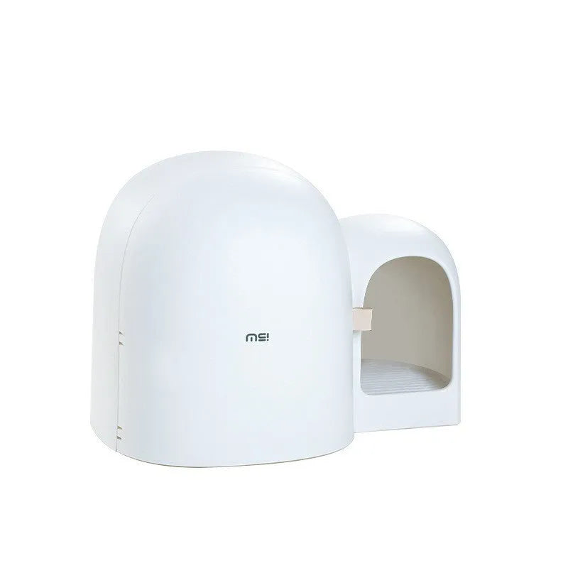 Oversized fully enclosed cat litter box in moss green, showing roof and entryway.
