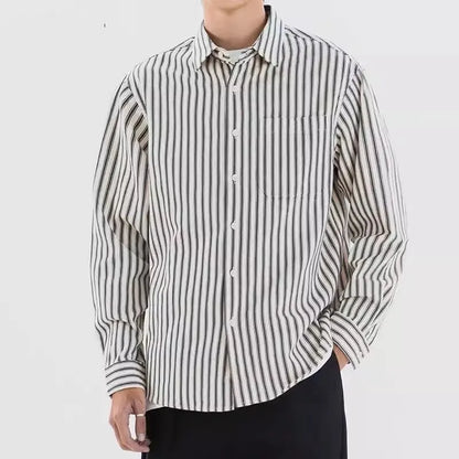 Loose striped shirt in blue or black, cardigan style, polyester blend, sizes M to 3XL for teenagers