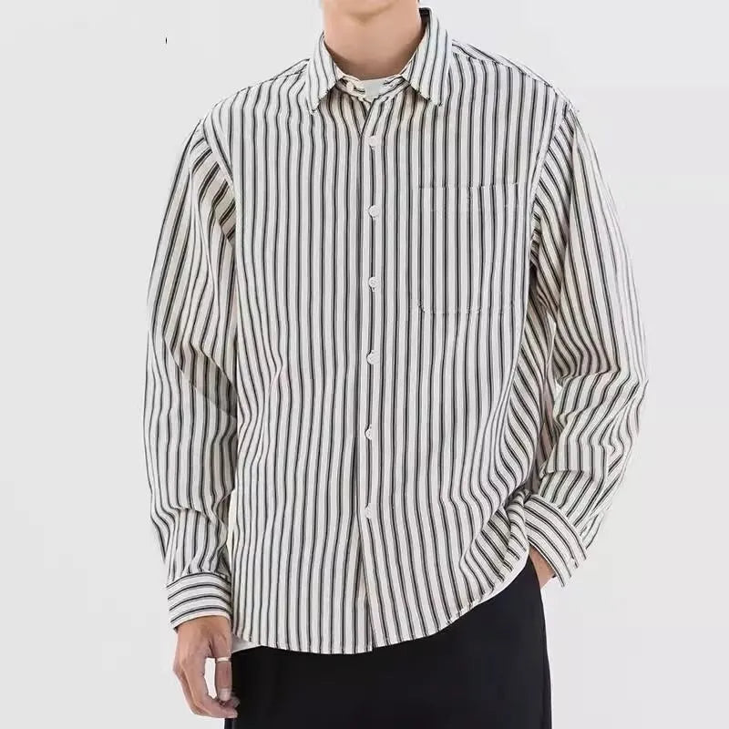 Loose Striped Shirt for Teenagers in Blue or Black, Polyester Blend Casual Cardigan Style Shirt with 20-Thread Fabric, Available in Sizes M to 3XL, Retro All-Match Leisure Top
