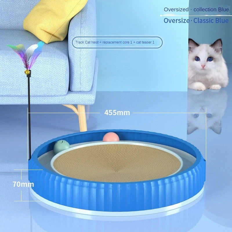 Round cat scratching board with removable pad and toy bell ball in navy blue