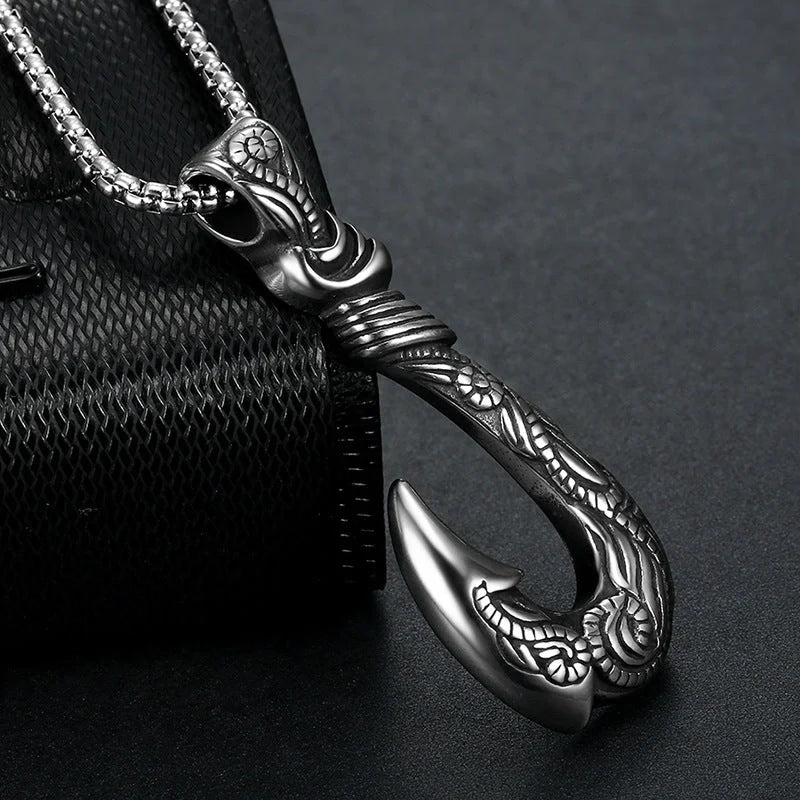 Vintage titanium steel fish hook pendant with snake chain, perfect for unisex fashion.