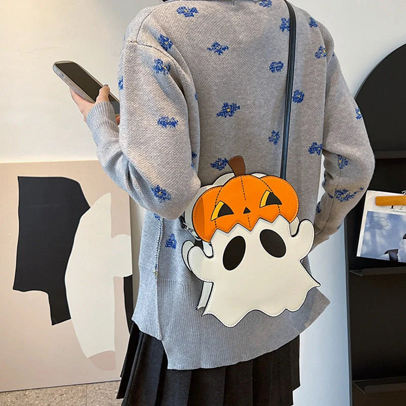 Halloween shoulder bag with 3D pumpkin ghost design in white