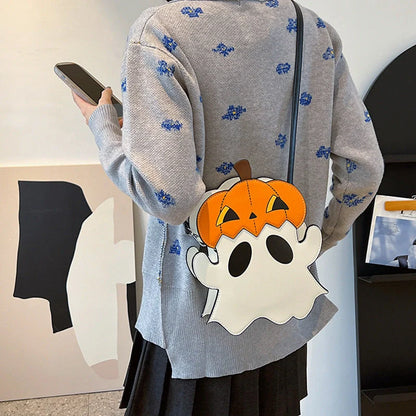 Halloween shoulder bag with 3D pumpkin ghost design in white