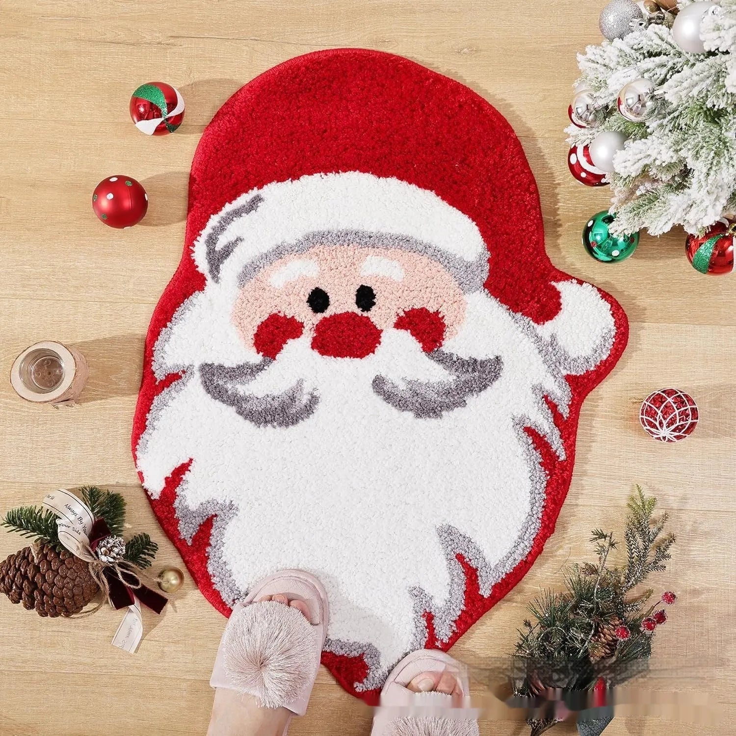 Square Christmas-themed hallway mat with non-slip backing on wooden floor