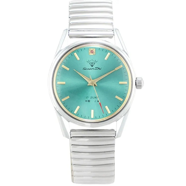 Men's green dial quartz watch with alloy case showing strap options